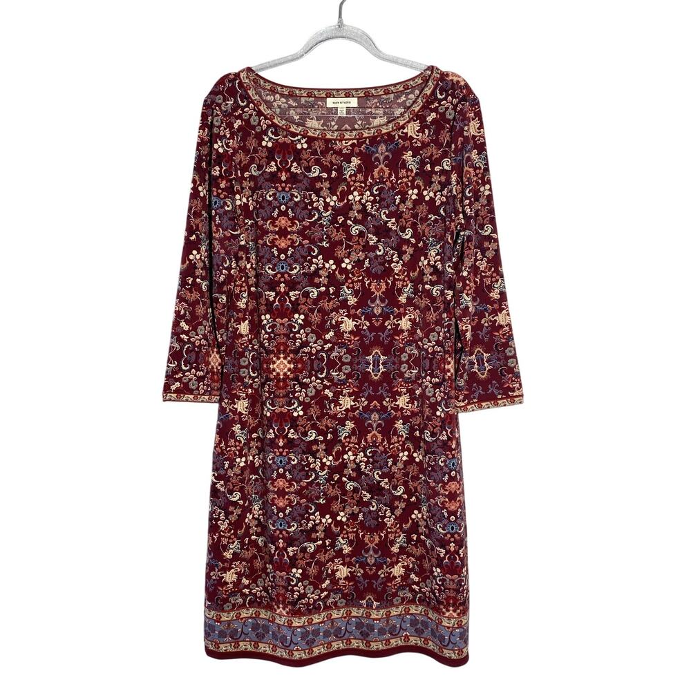Max Studio Relaxed Fit Floral Mini Dress Sz S  Burgundy Boho Casual